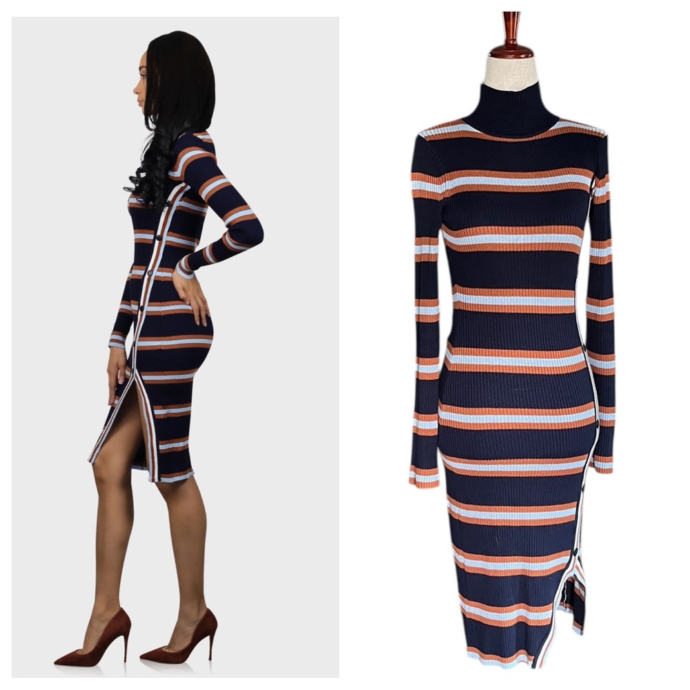 Midnight Doll Season Navy Blue Multi Striped Midi Sweater Dress